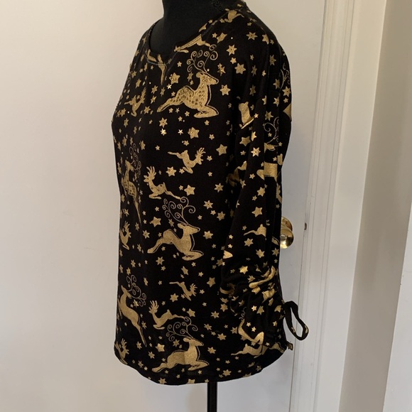 Onque Casual Black Gold Long Sleeve Reindeer Christmas Light Sweater Shirt XL - Picture 4 of 12